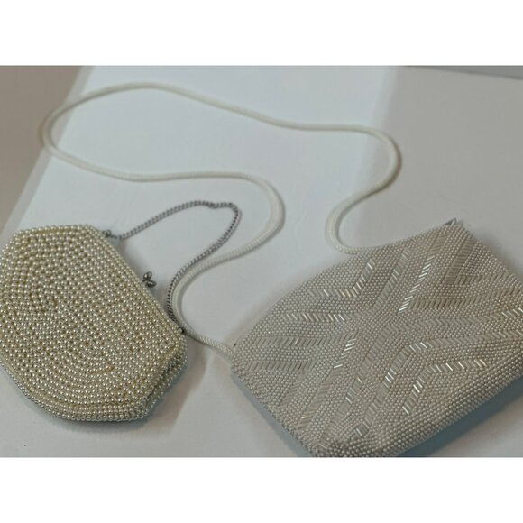 VTG Beaded Evening Clutch Bags Set of 2 White & Cream Floral + Geometric Purses - Picture 2 of 10